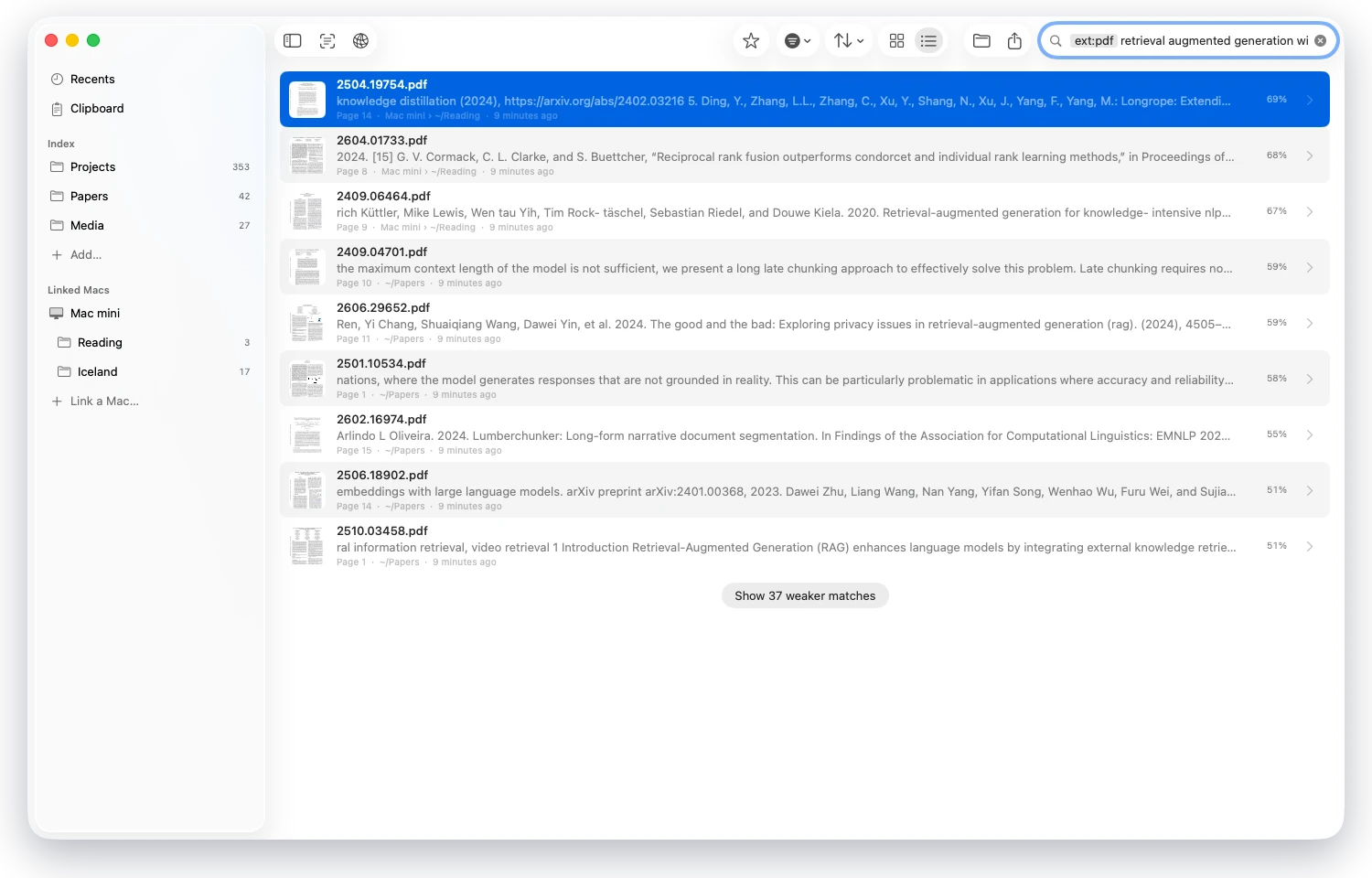 Results from this Mac and a linked Mac mini in one list, with the Mac mini's folders in the sidebar