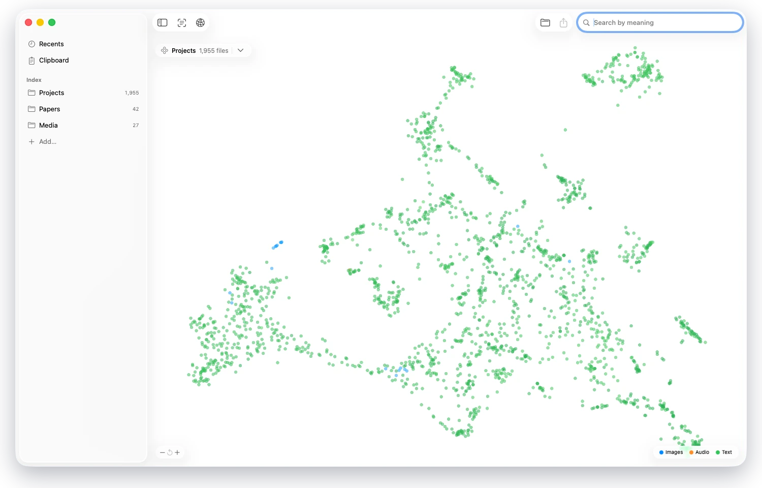 A folder of about two thousand files laid out as a map by meaning, colored by file kind