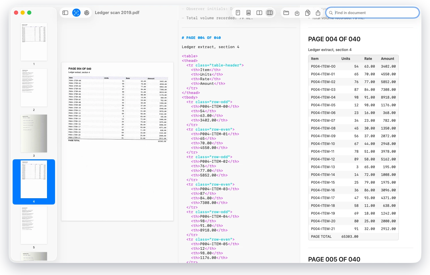 The OCR workspace with a scanned ledger page, its Markdown source and the rendered table side by side