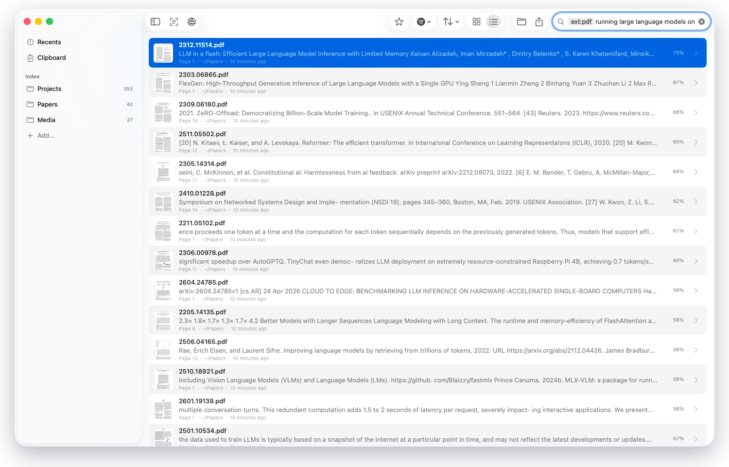 PDF results for a search, each with the page and the passage that matched, under an ext:pdf filter chip