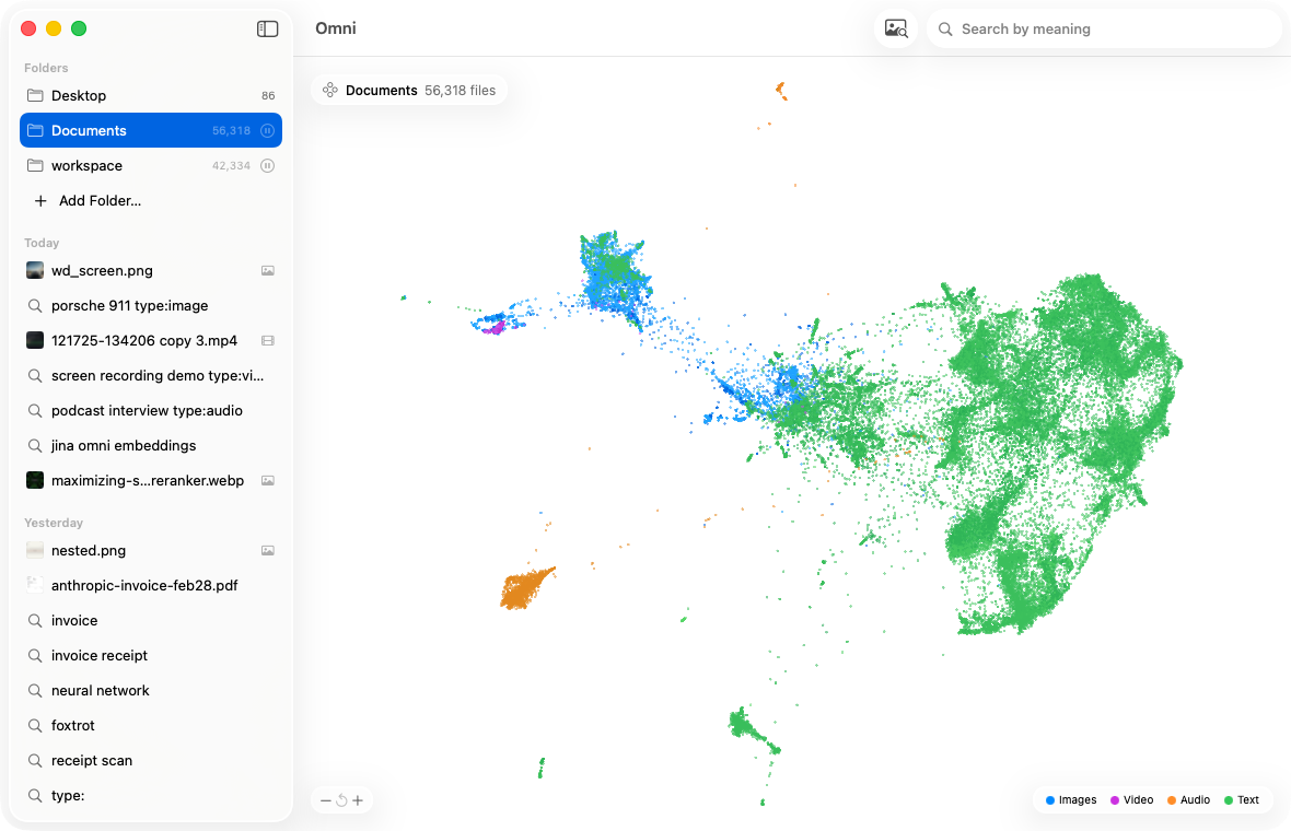 Folder embedding map: 56,318 files clustered by similarity and colored by type