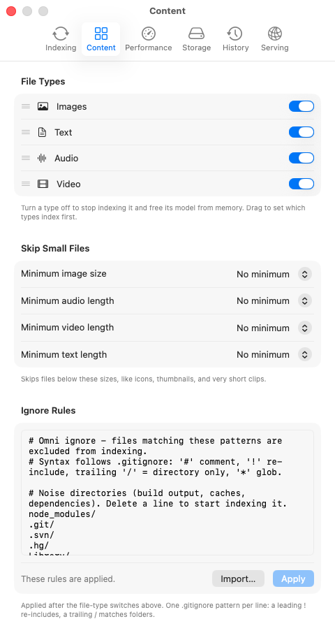 Settings - Content: file types to index, size thresholds, ignore rules