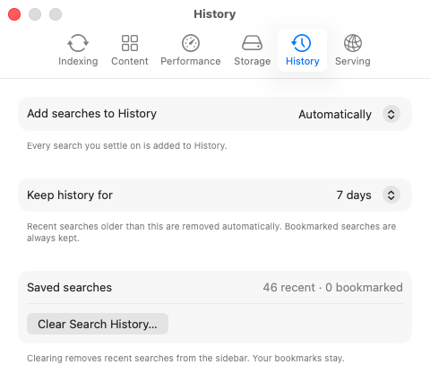 Settings - History: search history retention