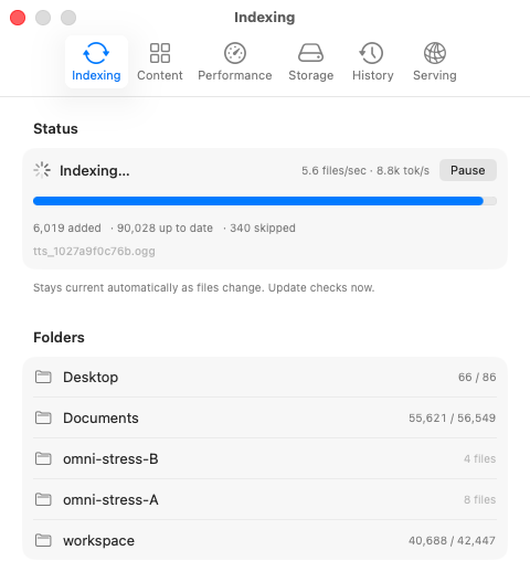 Settings - Indexing: live activity and throughput