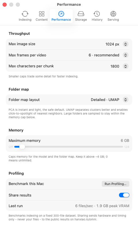 Settings - Performance: model choice, memory cap, folder map layout