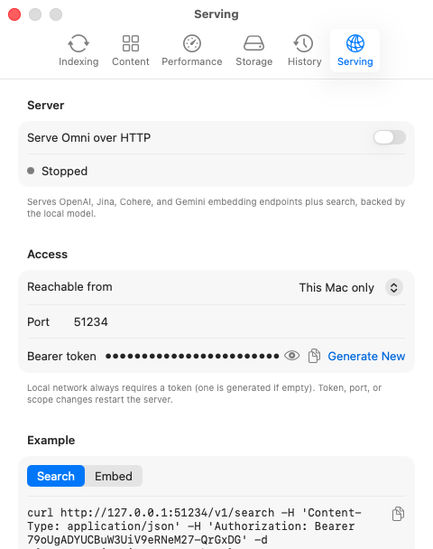 Settings - Serving: the local HTTP embedding server