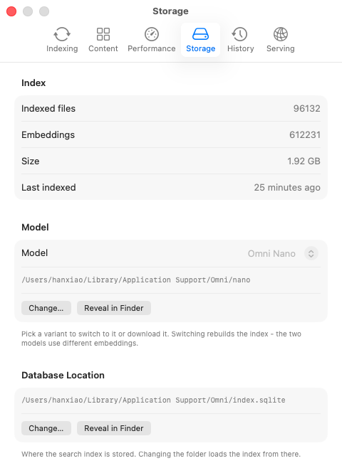 Settings - Storage: where the index lives and how big it is