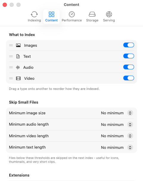 Omni settings: which file types to index