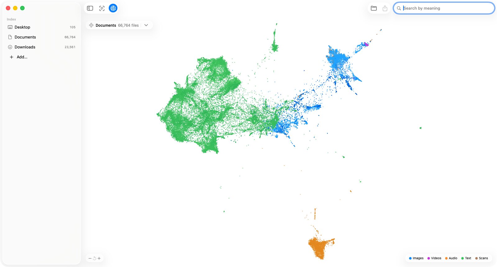 A folder of tens of thousands of files laid out as a map by embedding similarity, colored by file kind