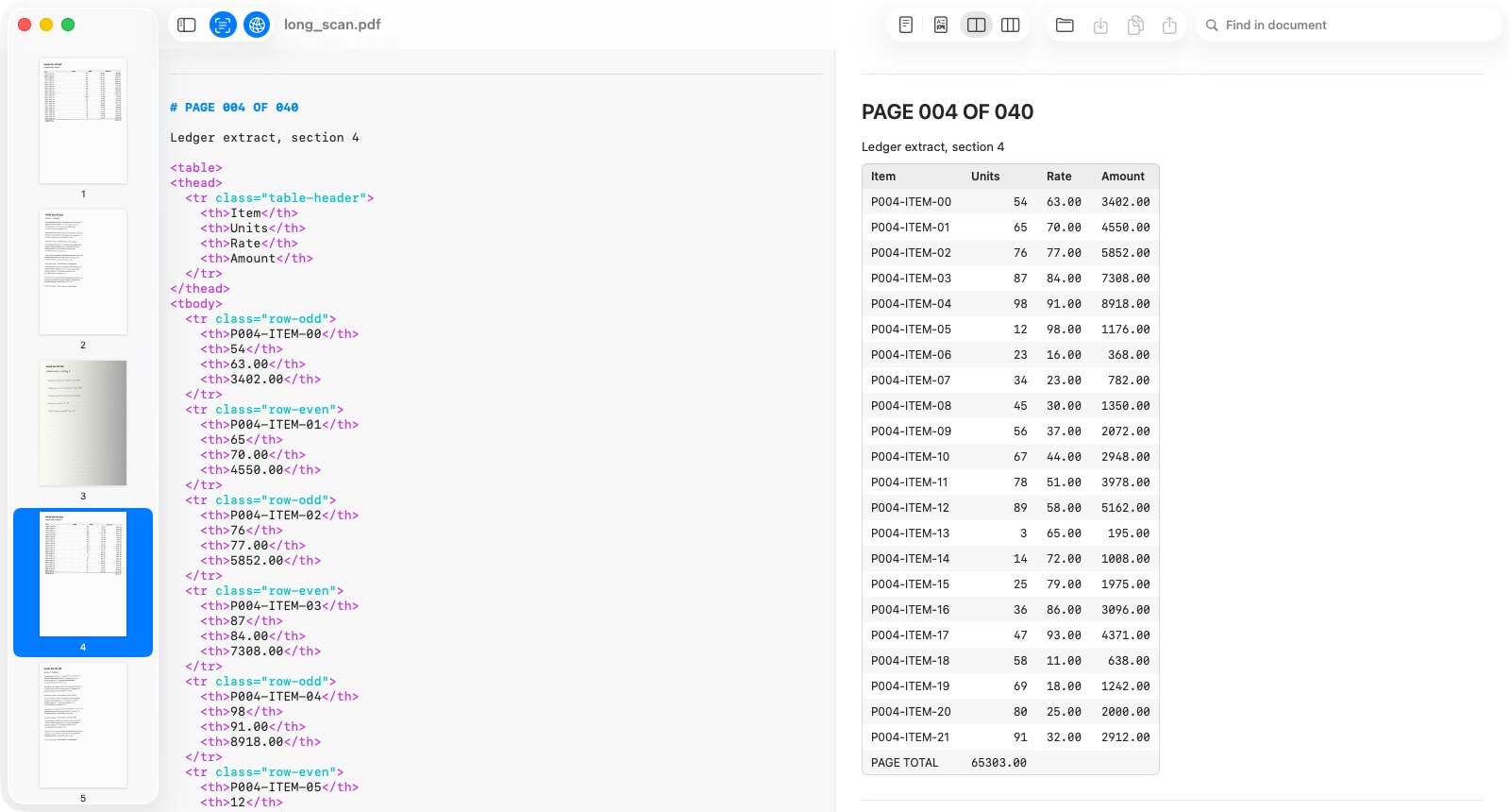 The OCR workspace transcribing a 40-page scan, with page thumbnails, the Markdown source and the rendered page side by side