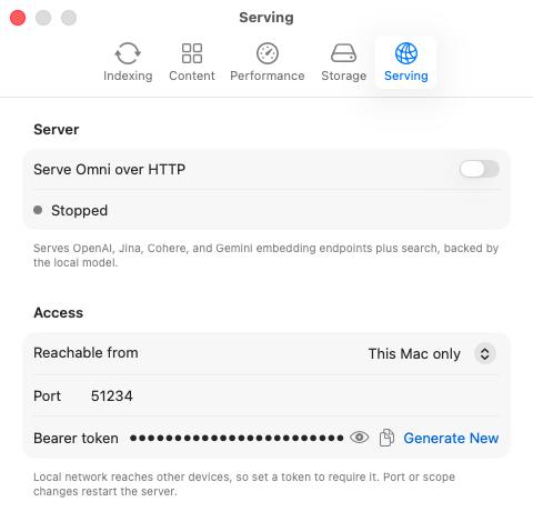 Omni settings: the local HTTP embedding server