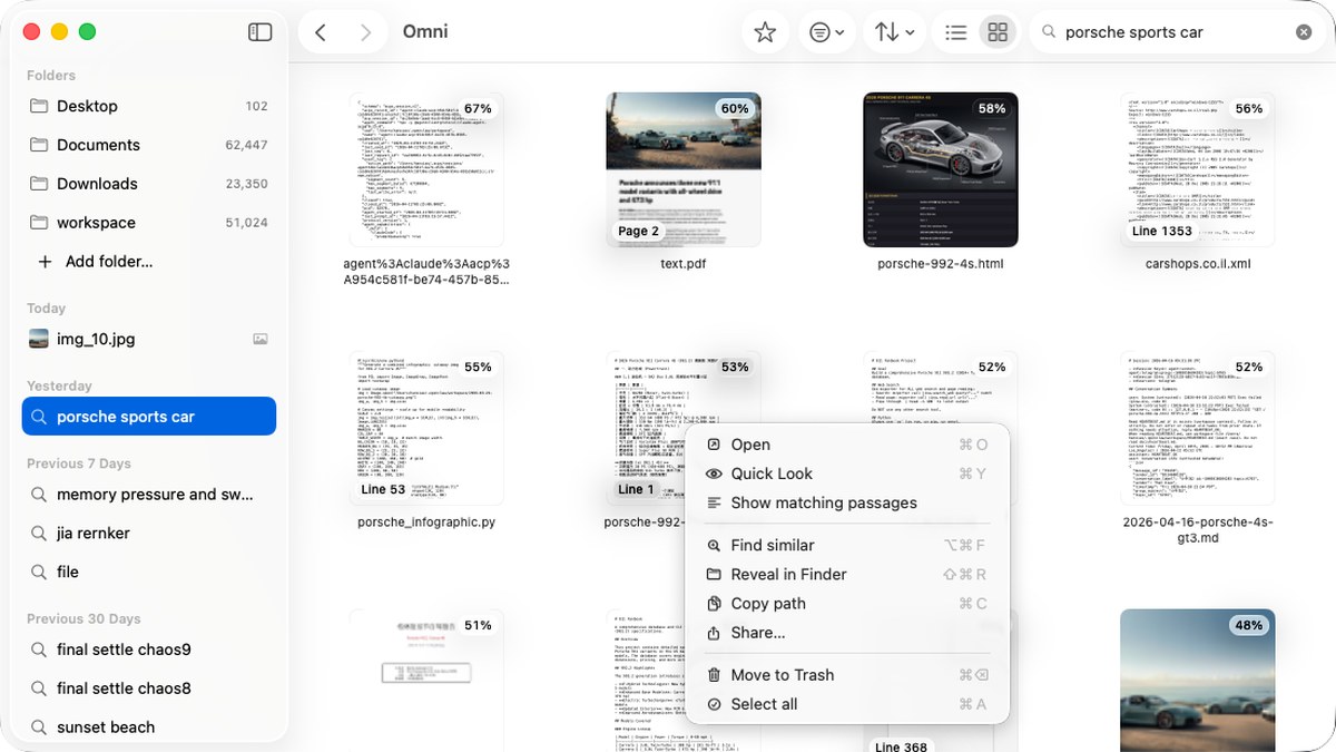 Omni 搜「porsche sports car」，一个列表里同时出 PDF、HTML、XML、代码、Markdown 和照片