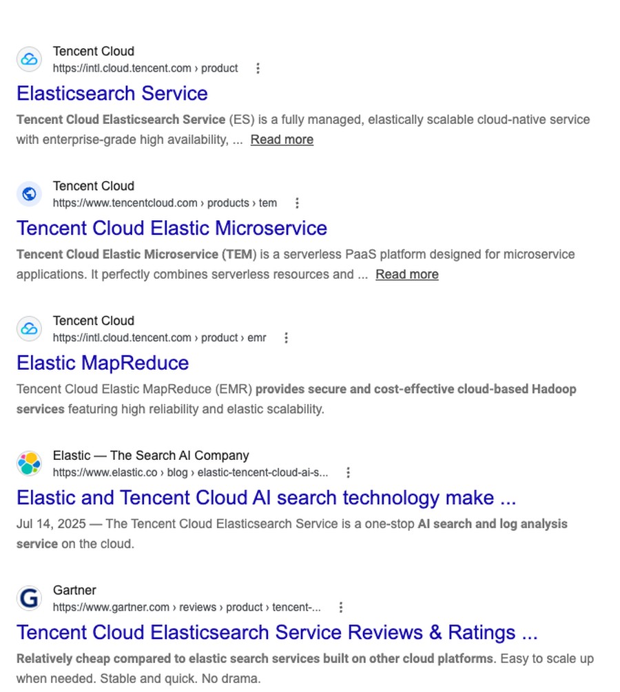 Google 搜「tencent elastic」的结果页，每条下面是引擎选的 ~20 词 snippet
